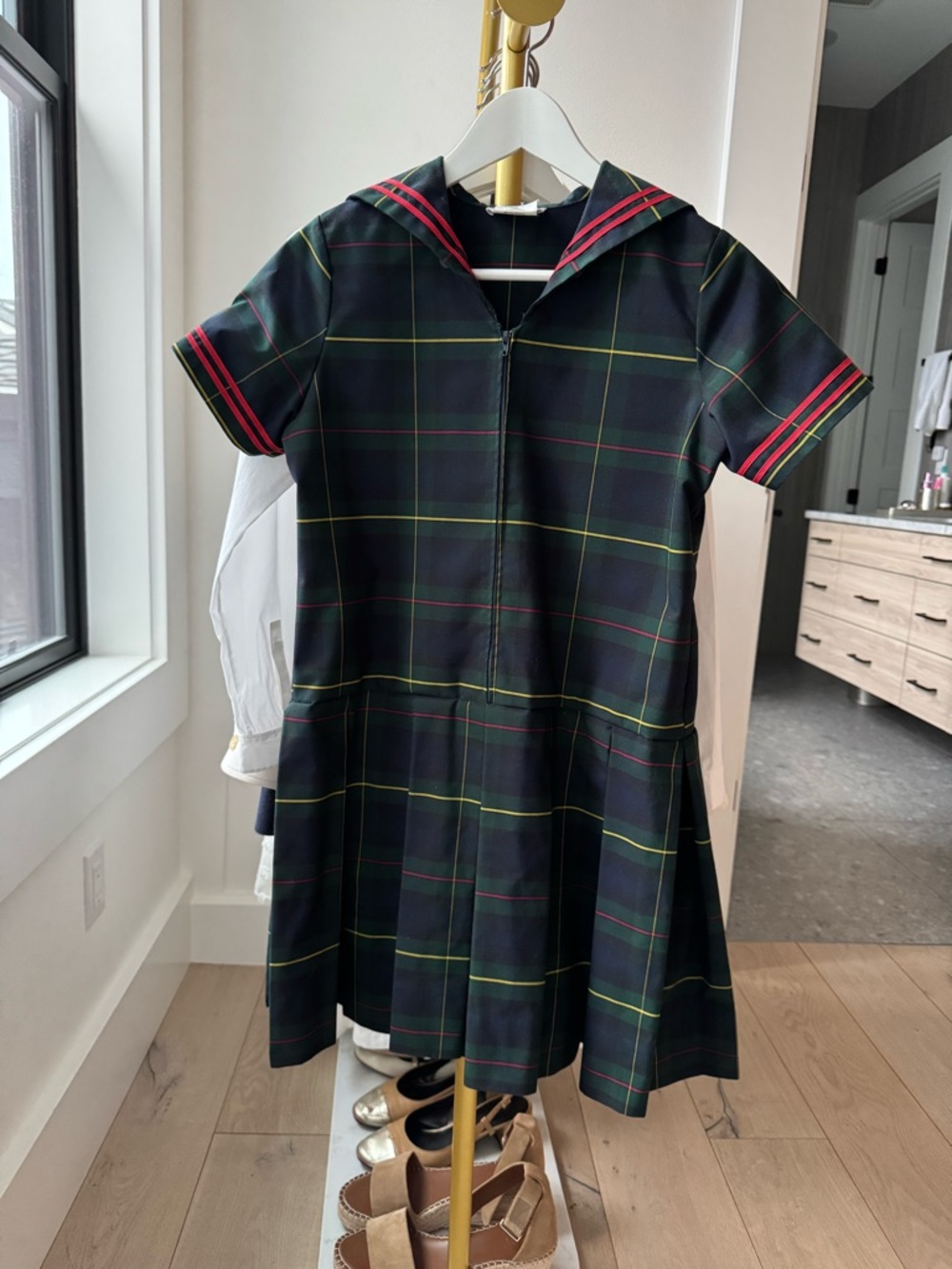 Girls Navy Tartan Sailor Dress with Red Trim